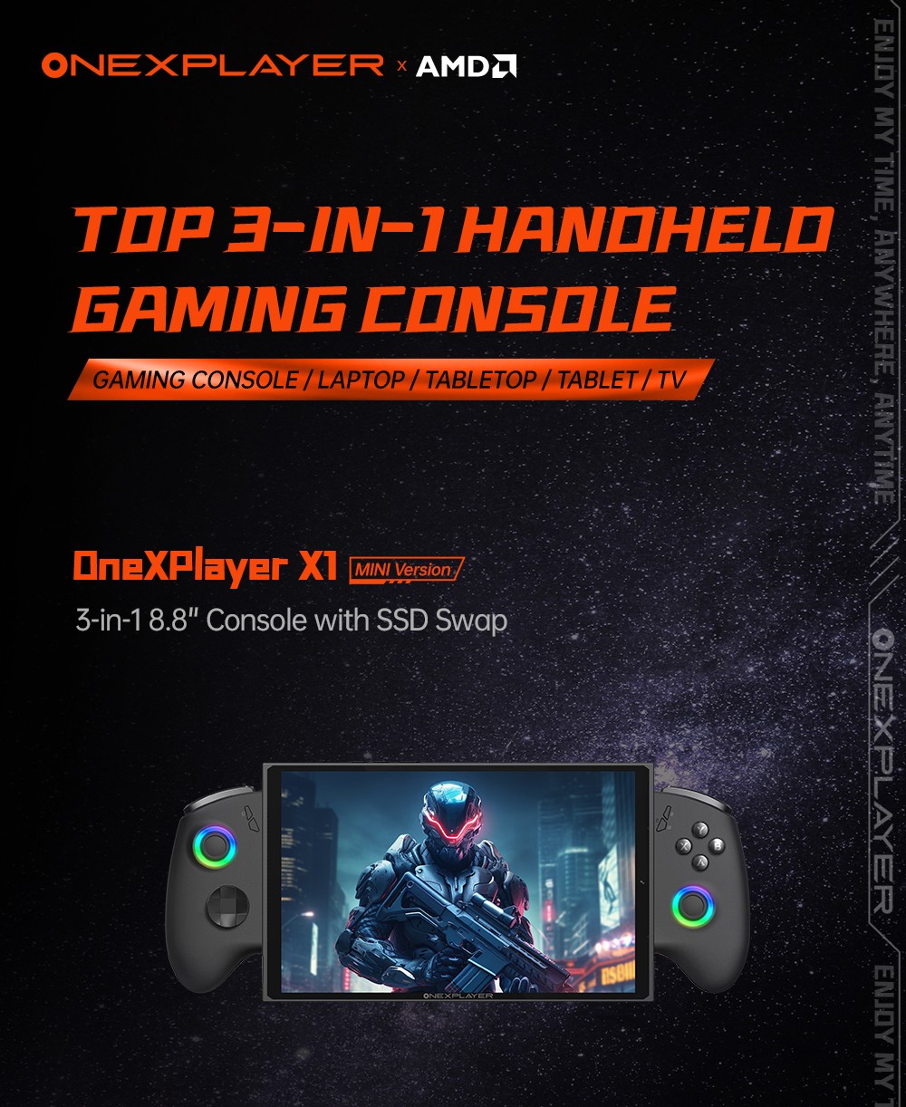 One Netbook OneXPlayer X1 Mini Handheld Gaming PC, AMD Ryzen 7 8840U 8 Cores Max 5.1GHz, 8.8'' 2560*1600 144Hz LTPS Screen, 64GB LPDDR5x RAM 2TB SSD, 2*USB4 1*USB3.2 1* TF Card Slot 1* Oculink 1*Audio, Harman Sound System, 65.02Wh Battery - US Plug