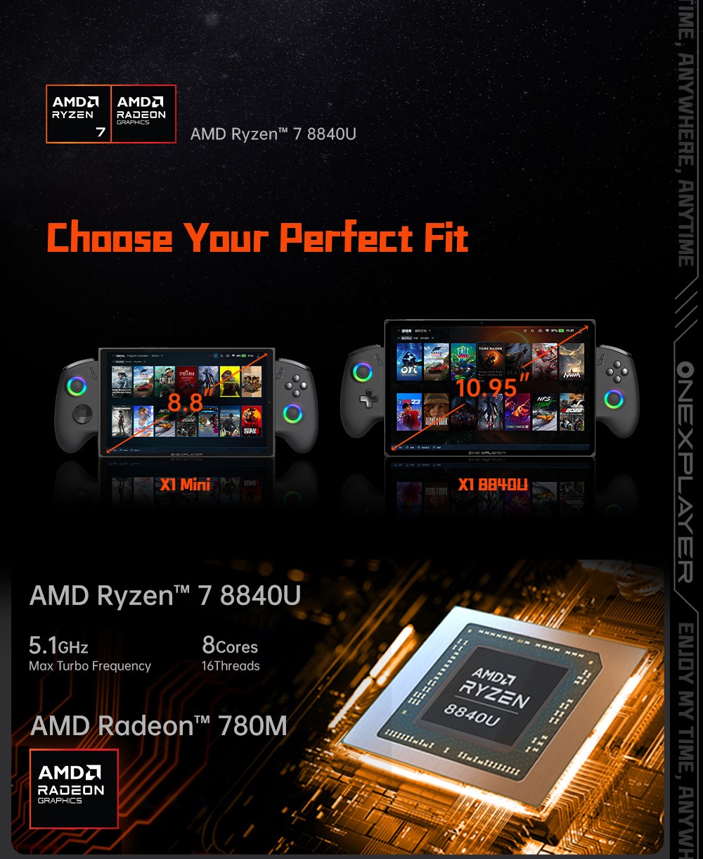 One Netbook OneXPlayer X1 Mini Handheld Gaming PC, AMD Ryzen 7 8840U 8 Cores Max 5.1GHz, 8.8'' 2560*1600 144Hz LTPS Screen, 64GB LPDDR5x RAM 2TB SSD, 2*USB4 1*USB3.2 1* TF Card Slot 1* Oculink 1*Audio, Harman Sound System, 65.02Wh Battery - US Plug