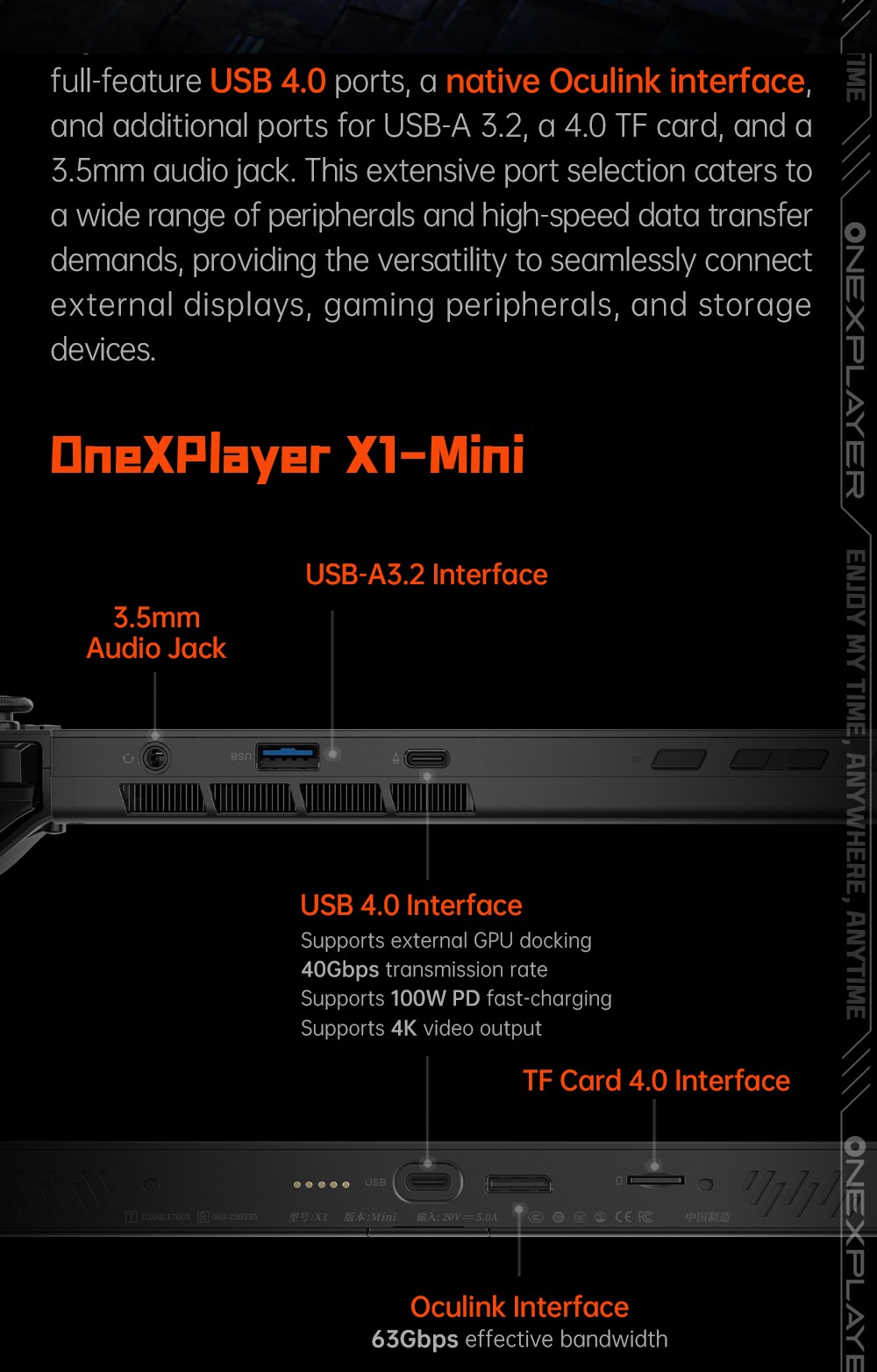 One Netbook OneXPlayer X1 Mini Handheld Gaming PC, AMD Ryzen 7 8840U 8 Cores Max 5.1GHz, 8.8'' 2560*1600 144Hz LTPS Screen, 64GB LPDDR5x RAM 2TB SSD, 2*USB4 1*USB3.2 1* TF Card Slot 1* Oculink 1*Audio, Harman Sound System, 65.02Wh Battery - US Plug