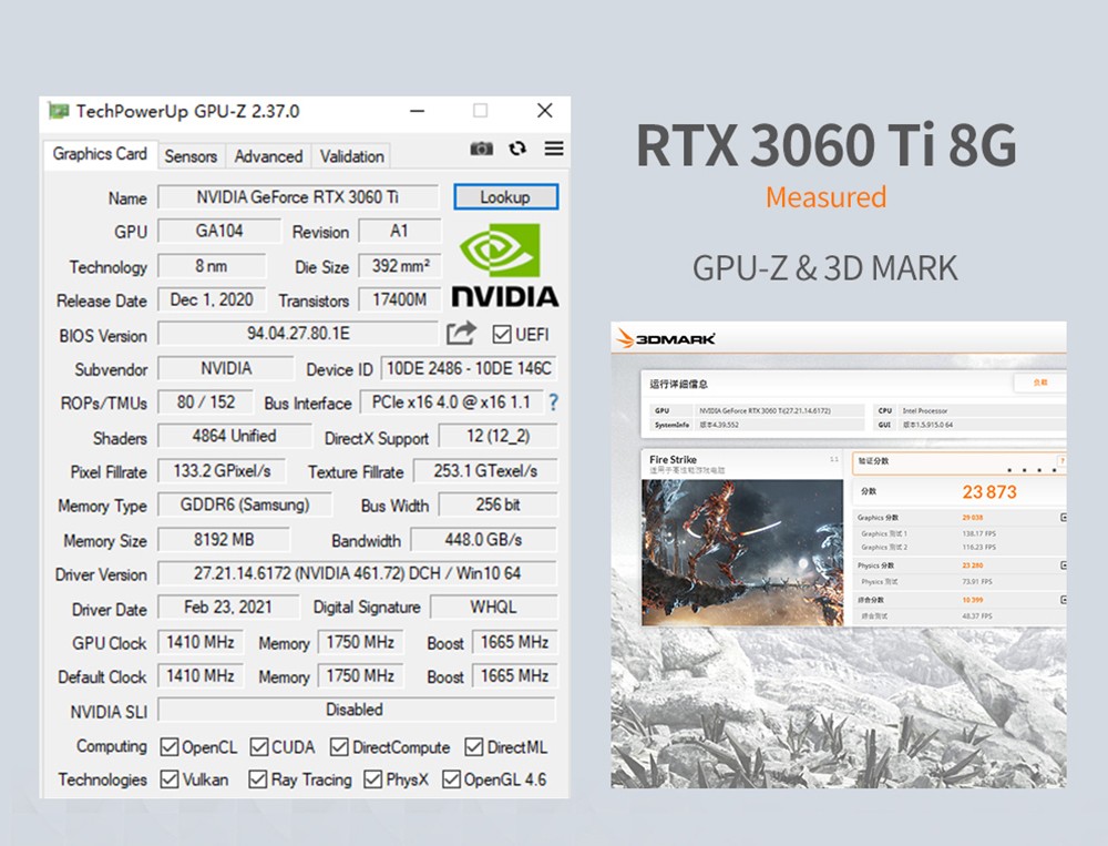 PELADN RTX 3060 Ti Graphics Card, 8GB GDDR6, 8Pin 256bits, 200W, PCI Express 4.0, 3*DP 1*HDMI, Dual-fan