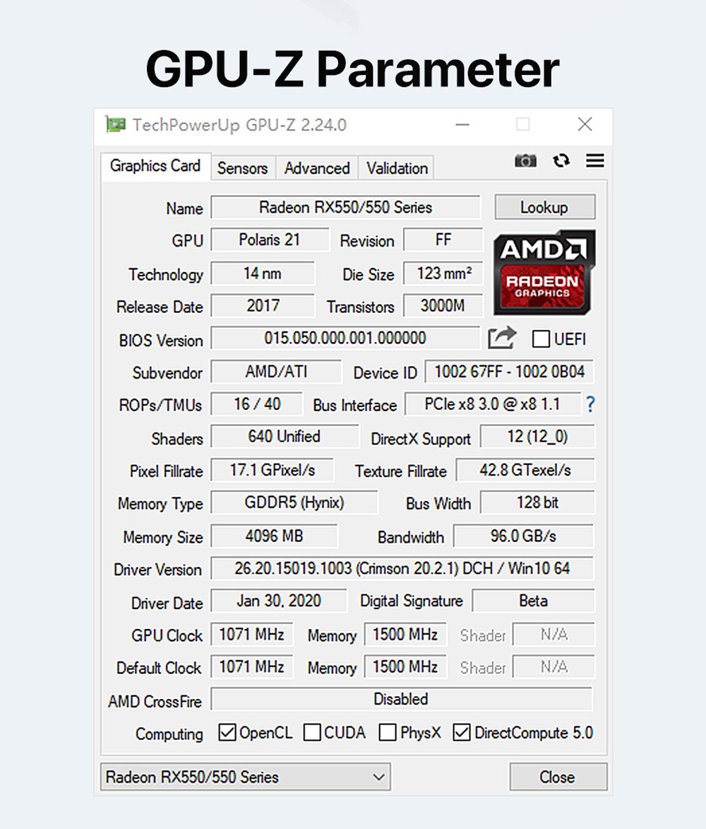 PELADN RX550 Graphics Card, 4GB GDDR5, 128bits, PCI Express 3.0, HDMI+DP+DVI, Single-fan