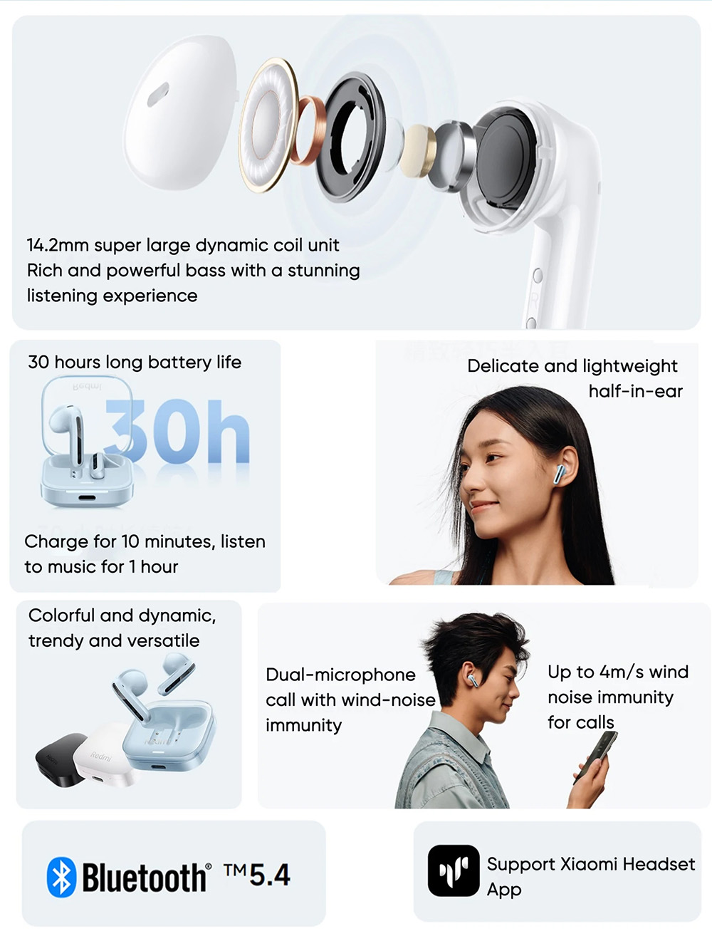 Redmi Buds 6 Active Earbuds, Bluetooth 5.4, Noise Cancellation for Calls, 5 Tuning Modes, Up to 30 Hours Battery Life - Blue