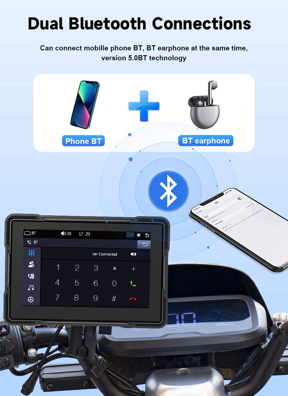 SD5005 5inch 2.5D IPS Motorcycle MP5 Player, Dual Bluetooth Connection, 800*480 Resolution, IP67 Waterproof, Support Carplay/ Mirrorlink/ Android Auto/ TF Card