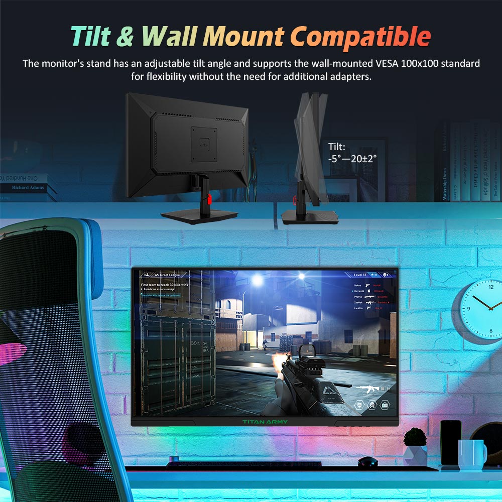 TITAN ARMY P2510G Gaming Monitor, 24.5'' 1920*1080 FAST IPS Screen, 180Hz Refresh Rate, HDR10, 99% sRGB, 1ms GTG, Adaptive Sync, Dynamic OD, Game Assist, 8 Scene Modes, Hardware Low Blue Light, Adjustable Tilt, VESA Mount, 1*HDMI2.0 1*DP1.4 1* Audio