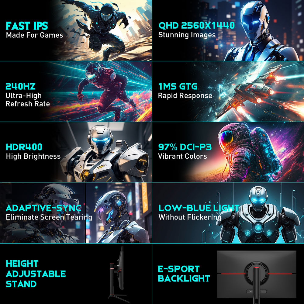 TITAN ARMY P32A2S2 Gaming Monitor, 32-inch 2560*1440 16:9 Fast IPS Screen, 240Hz Refresh Rate, 1ms GTG, HDR400, GamePlus Mode, Adaptive Sync, PIP & PBP Split Screen, E-Sport Backlight, VESA Mount & Adjustment Stand, 2*HDMI 2.1 2*DP 1.4 1* Audio