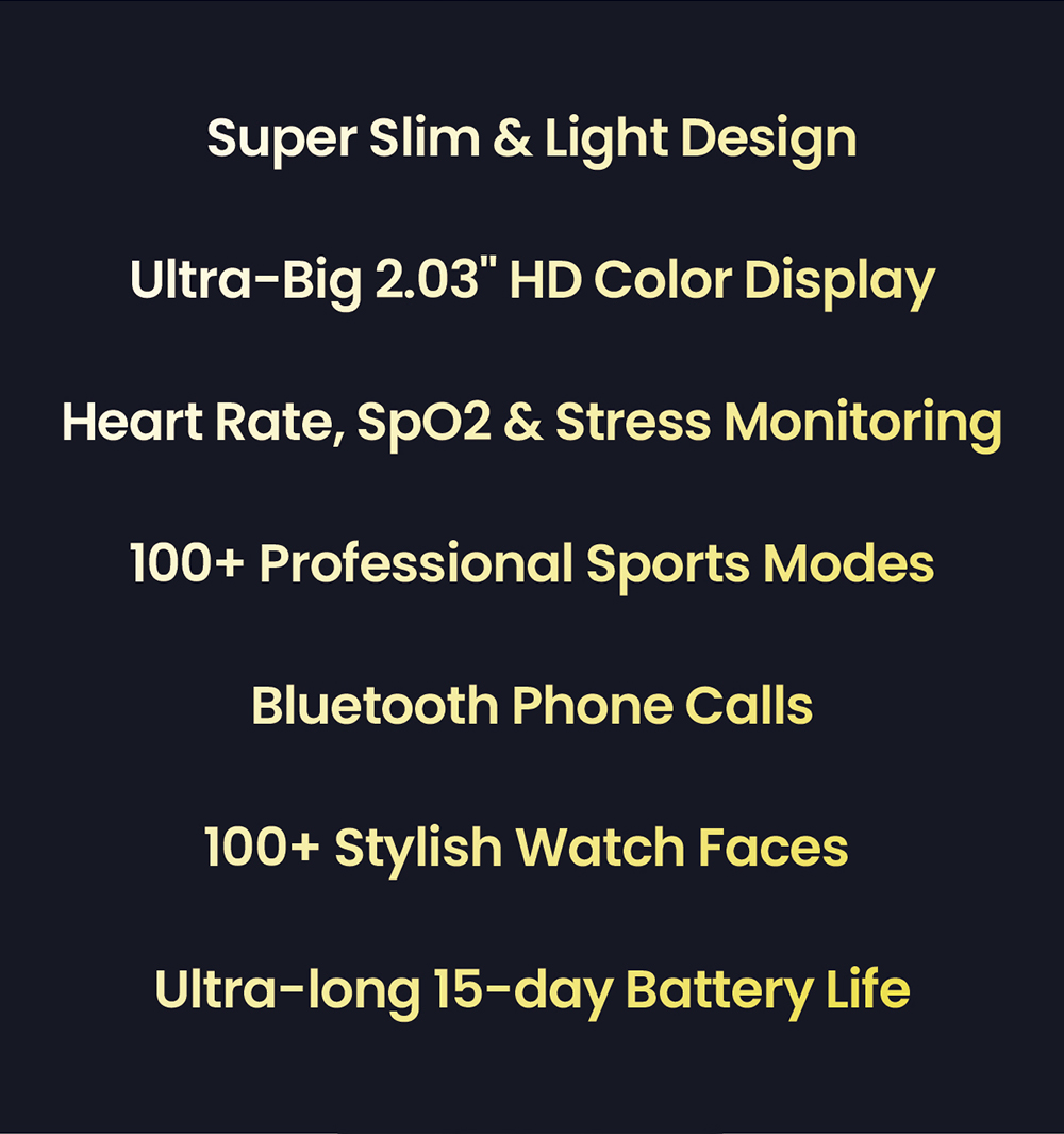 Zeblaze GTS 3 Smartwatch, 2.03' HD Color Display, Bluetooth Calling, 100+ Sports Modes, Heart Rate, SpO2 & Stress Monitoring - Black