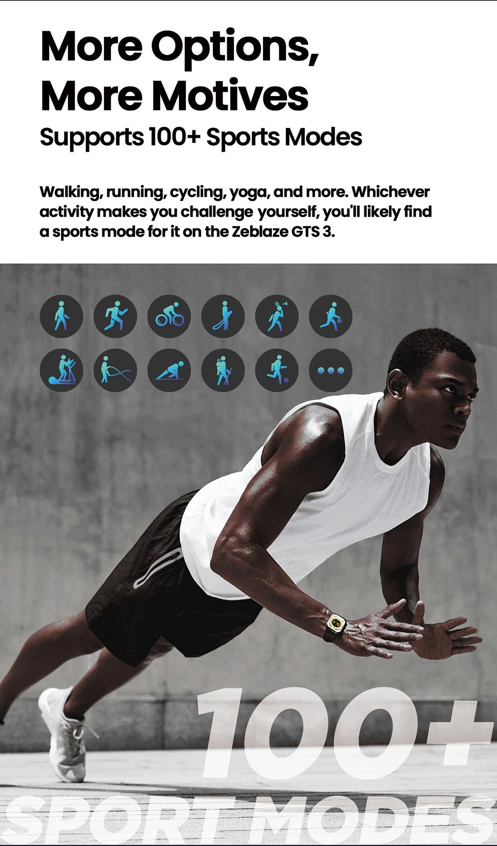 Zeblaze GTS 3 Smartwatch, 2.03' HD Color Display, Bluetooth Calling, 100+ Sports Modes, Heart Rate, SpO2 & Stress Monitoring - Black