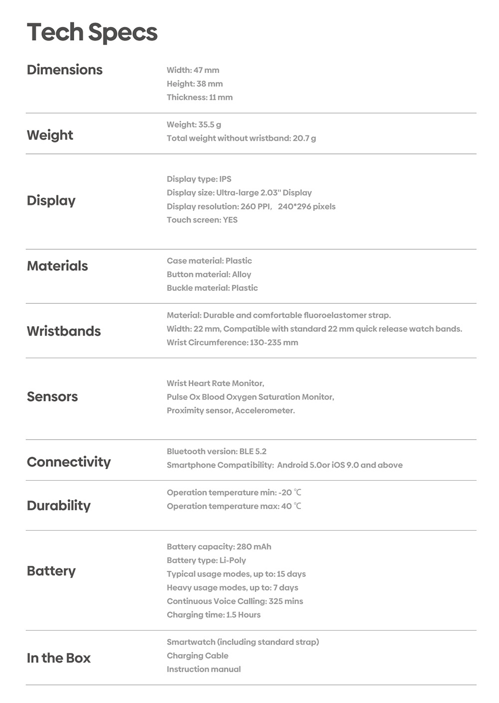 Zeblaze GTS 3 Smartwatch, 2.03' HD Color Display, Bluetooth Calling, 100+ Sports Modes, Heart Rate, SpO2 & Stress Monitoring - Black