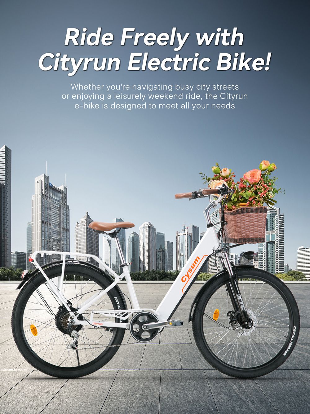 CYSUM Cityrun-26 Step-Thru Electric City Bike 26 Inch Tire 250W Motor 36V 10Ah Battery 25km/h Max Speed 30-50km Range SHIMANO 7-speed Gear Dual Disc Brake - White