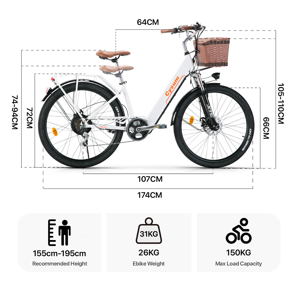 CYSUM Cityrun-26 Step-Thru Electric City Bike 26 Inch Tire 250W Motor 36V 10Ah Battery 25km/h Max Speed 30-50km Range SHIMANO 7-speed Gear Dual Disc Brake - White