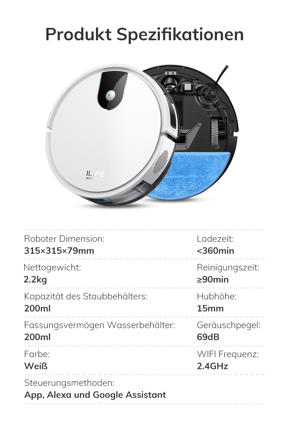 ILIFE G9 Saugroboter, Gyroskop-Navigation, 3000 Pa Saugleistung, 100 Min. Laufzeit, 200 ml Staubbehälter, Plan-/Edge-/Spot-/Max-Modus, unterstützt Alexa und Google - Weiß