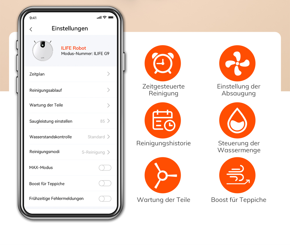 ILIFE G9 Saugroboter, Gyroskop-Navigation, 3000 Pa Saugleistung, 100 Min. Laufzeit, 200 ml Staubbehälter, Plan-/Edge-/Spot-/Max-Modus, unterstützt Alexa und Google - Weiß