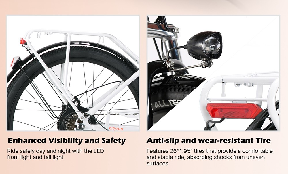 CYSUM Cityrun-26 Step-Thru Electric City Bike 26 Inch Tire 250W Motor 36V 10Ah Battery 25km/h Max Speed 30-50km Range SHIMANO 7-speed Gear Dual Disc Brake - White