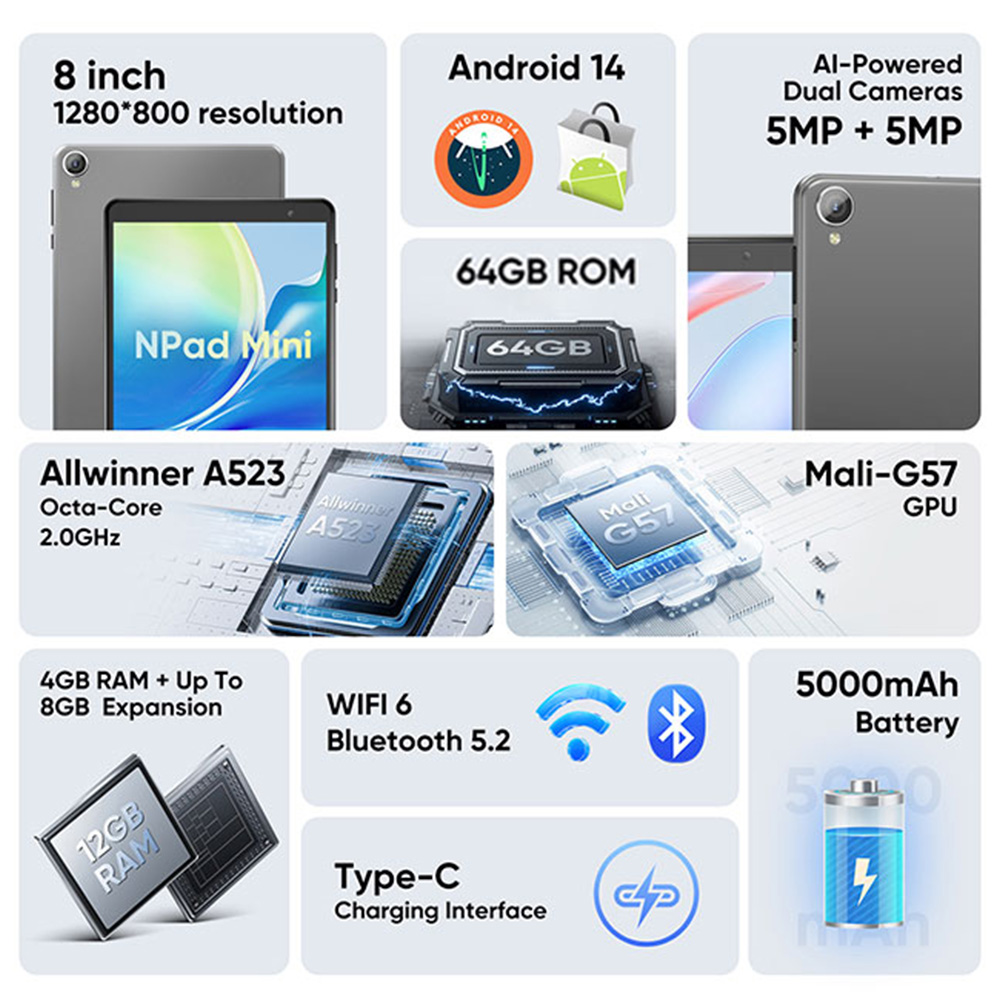 N-one Npad Mini Android 14 Tablet, 8 Zoll 1280 x 800 IPS-Bildschirm, Allwinner A523 8 Kerne Max 2,0 GHz, 4 GB + 8 GB Erweiterungs-RAM 64 GB ROM, WiFi 6 Bluetooth 5.2, 5000 mAh Typ-C-Aufladung, 5 MP + 5 MP Kamera, GPS/Galileo/GLONASS/BDS