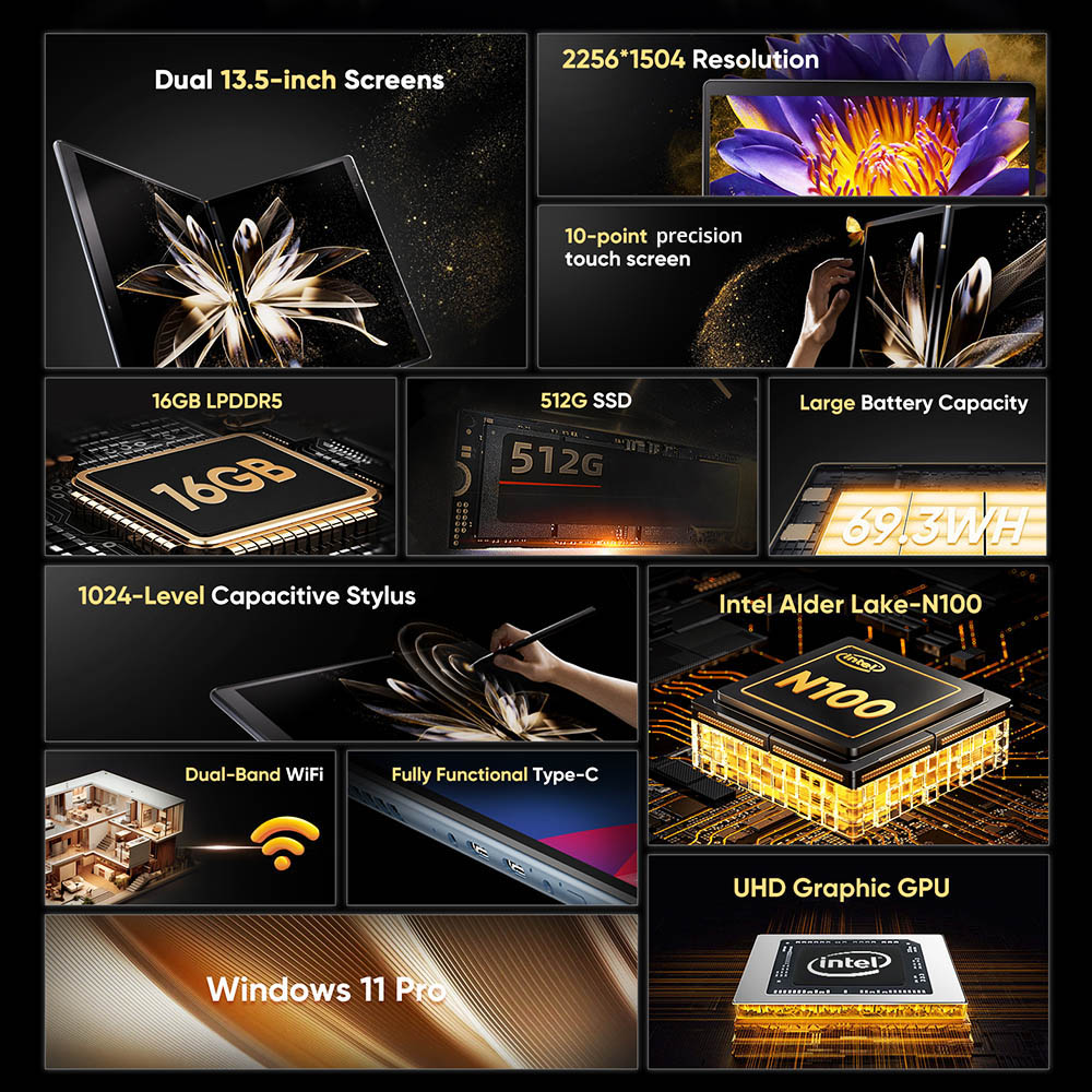 (Free Keyboard Mouse Bag) N-one Nbook Air Laptop, Dual 13.5-inch Screen, 2256*1504 10-point Touch Screen, Intel N100 4 Cores Up to 3.4GHz, 16GB RAM 512GB SSD, Dual-Band WiFi Bluetooth 5.0, 2*Full Function Type-C, 9000mAh Battery, PD Fast Charging