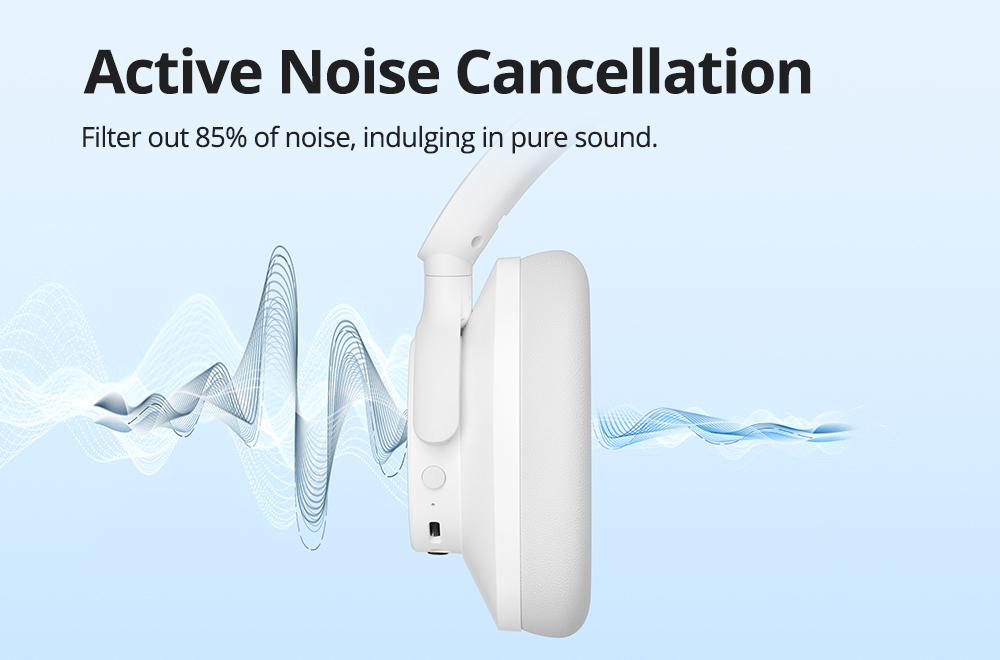 Tronsmart Sounfii Q20 ANC Bluetooth Headphones, 50 Hours Autonomy, 90° Swiveling Earpads, Pair with 2 Devices, Tronsmart App Control, Built-in Mic for Clear Calls, Active Noise Cancellation - White