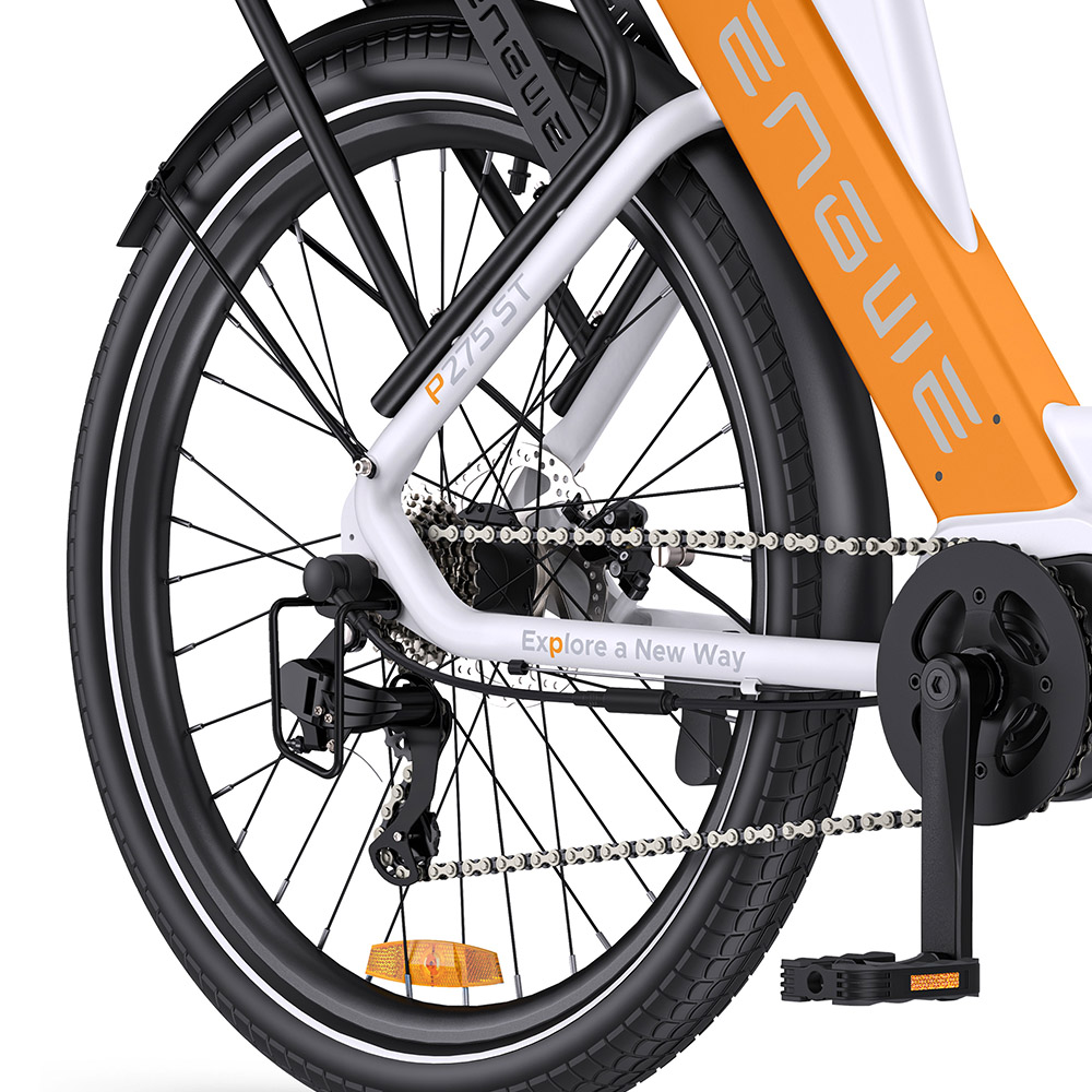 ENGWE P275 ST Urban Electric Bike, 250W Brushless Mid-drive Torque Sensor Motor, 36V 19.2Ah Removable Battery, 260km Max Range, Hydraulic Disc Brake, 27.5'' Spoke Tires, SHIMANO 9-speed - White Orange