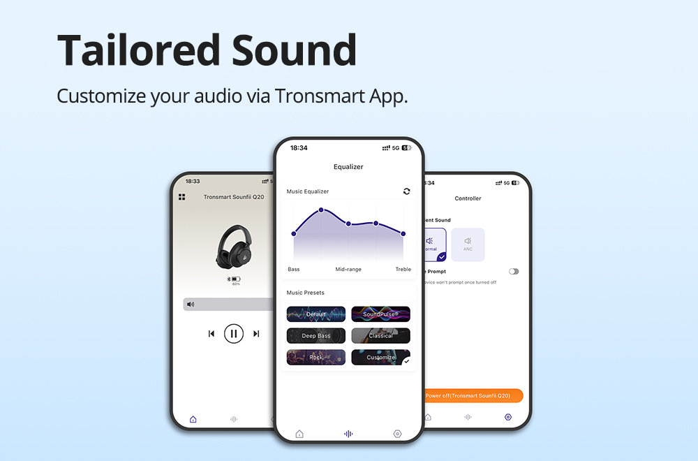 Tronsmart Sounfii Q20 ANC Bluetooth Headphones, 50 Hours Autonomy, 90° Swiveling Earpads, Pair with 2 Devices, Tronsmart App Control, Built-in Mic for Clear Calls, Active Noise Cancellation - White