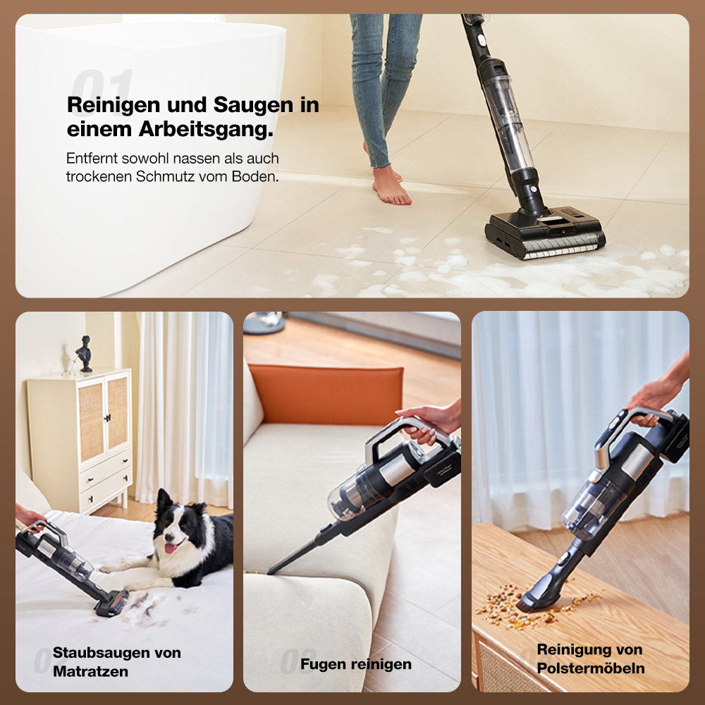 JIMMY PW11 All-in-One Staubsauger und Waschmaschine, 400 W Leistung, eine Bürstenrolle, schnelles Trocknen mit Heißluft, LED-Display, wasserdichter, bürstenloser IPX8-Motor, 180° flaches Design - EU-Stecker (Silber-Schwarz)