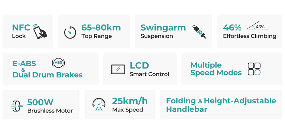 Elektroroller Ausom GX1, 500-W-Motor, 48-V-15,6-Ah-Akku, 9-Zoll-Luftreifen aus Gummi, 25 km/h Höchstgeschwindigkeit, 80 km maximale Reichweite, NFC-Schloss, E-ABS und Doppeltrommelbremsen Europäische Version