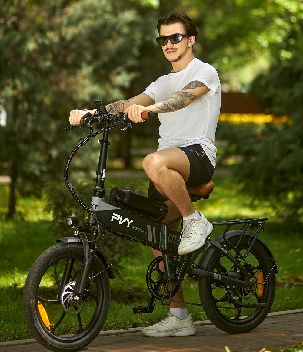 PVY Z20 MAX Electric Bike 750W Motor 36V 25.6Ah(15Ah+10.6Ah) Battery 20*2.3-inch Tire One-Piece Wheels 25km/h 200km Max Range, Hydraulic Brake Shimano 7 Speed Torque Sensor EN 15194 CE Certified Rear Shock - Grey