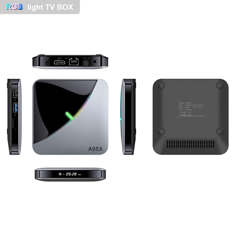 A95X F3 Air Amlogic S905x3 4 GB/64 GB Android 9.0 8K Videodecodierung TV-Box RGB-Licht 2,4G + 5G MIMO WiFi Bluetooth LAN USB3.0 4K Youtube