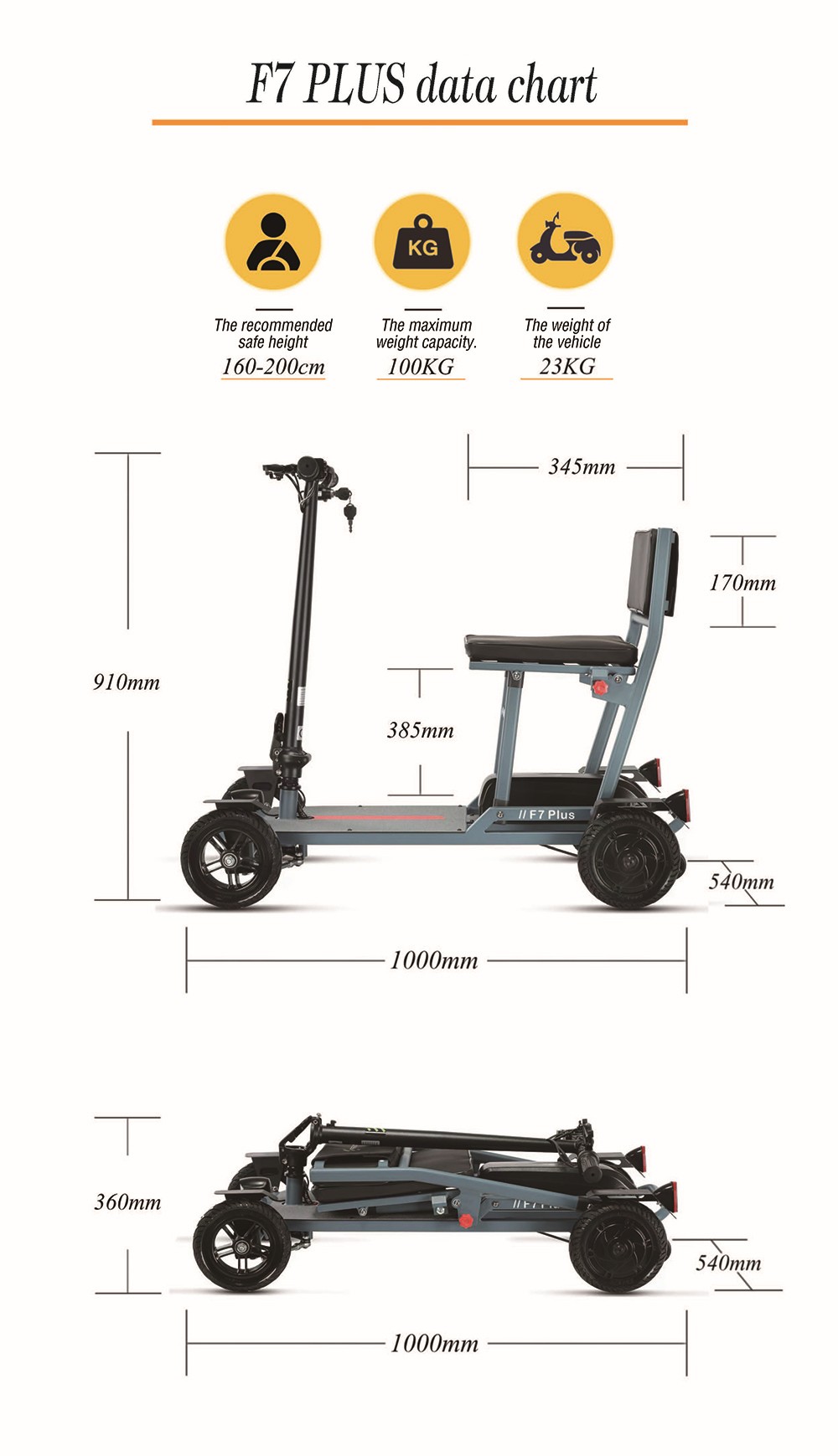 Freejoyer F7 Plus Elektroroller mit vier Rädern und Sitz, 300-W-Motor, 36-V-21-Ah-Akku, 15 km/h Höchstgeschwindigkeit, 35 km maximale Reichweite – Grau