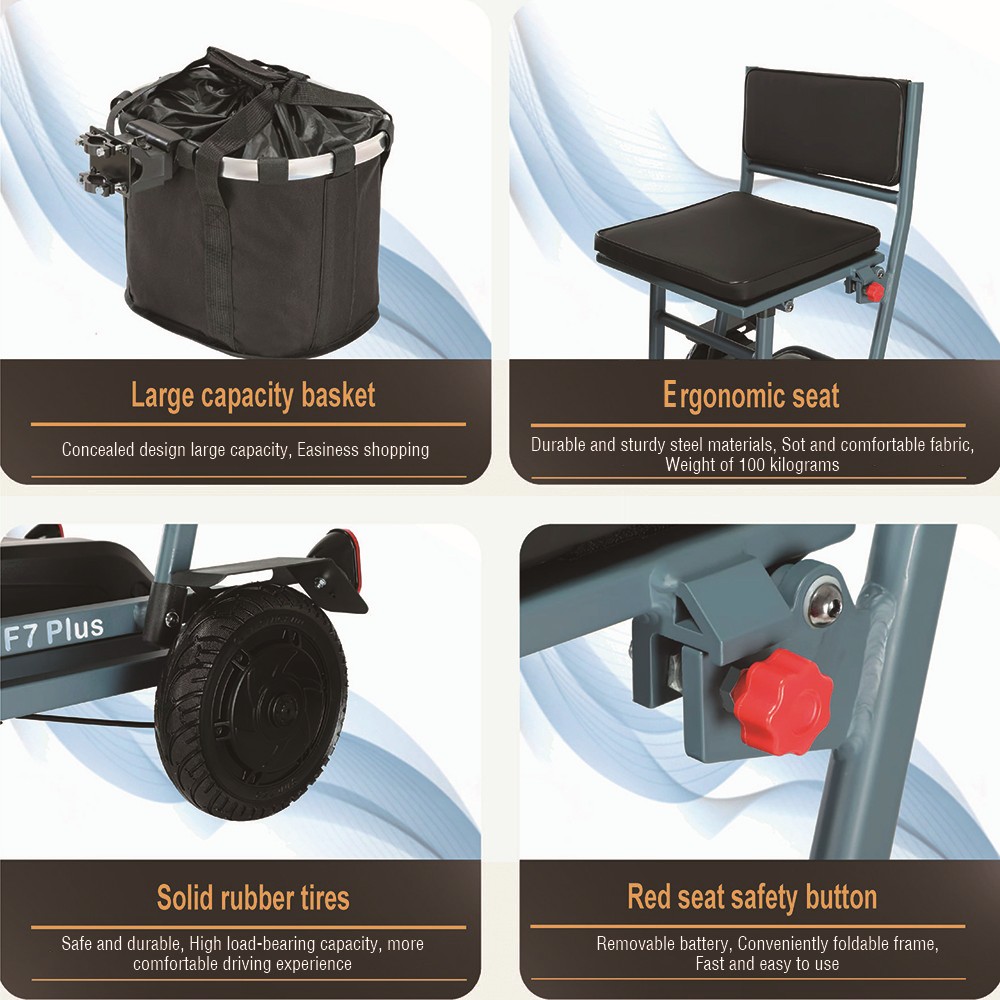 Freejoyer F7 Plus Elektroroller mit vier Rädern und Sitz, 300-W-Motor, 36-V-21-Ah-Akku, 15 km/h Höchstgeschwindigkeit, 35 km maximale Reichweite – Grau