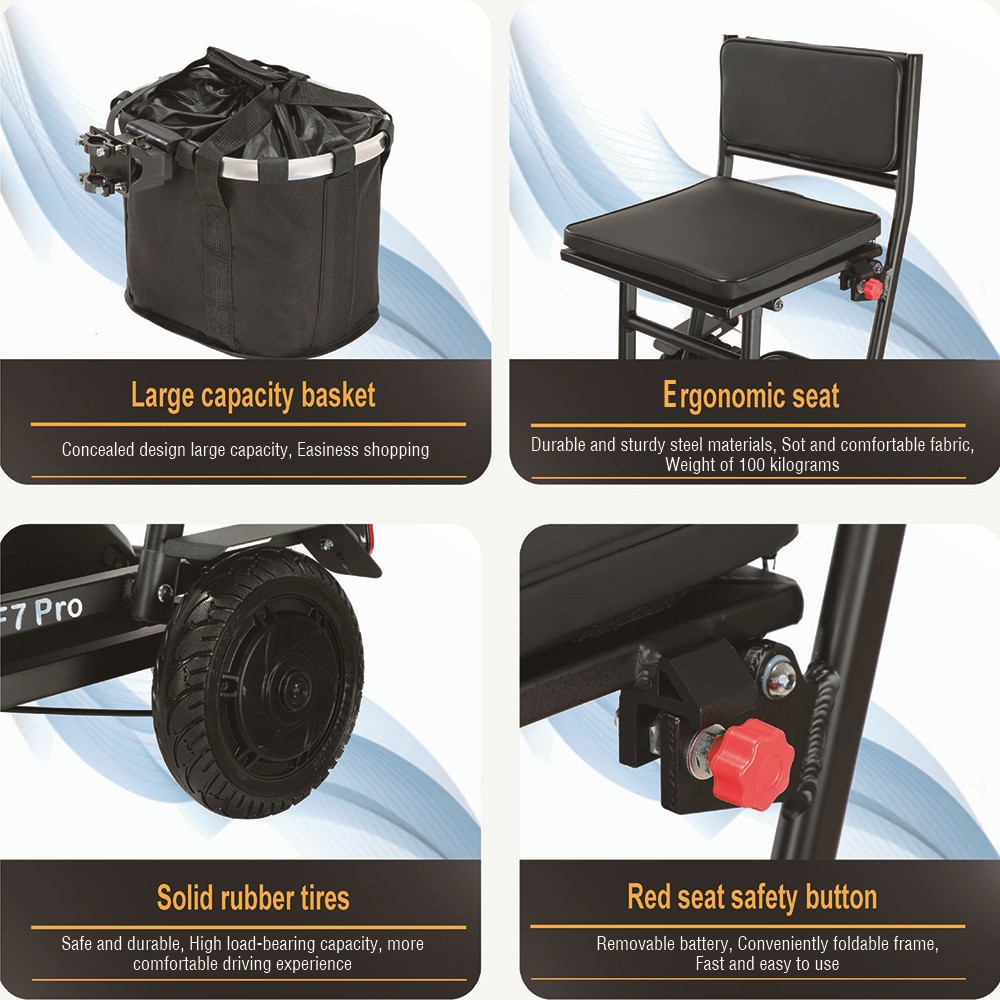 Freejoyer F7 Pro Elektroroller mit vier Rädern und Sitz, 300-W-Motor, 36-V-13-Ah-Akku, 15 km/h Höchstgeschwindigkeit, 35 km maximale Reichweite – Grau
