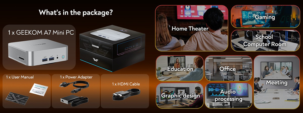 GEEKOM A7 Mini PC, AMD Ryzen 9 7940HS 8 Core Up to 5.2GHz, 32GB RAM 2TB SSD, WiFi 6E Bluetooth 5.2, 1*USB4 + 1*USB3.2 Type-C + 2*HDMI2.0 4 Screens Display, 3*USB3.2 Type-A 1*USB2.0 1*2.5G RJ45 1*SD Card Reader 1*3.5 mm Headphone Jack