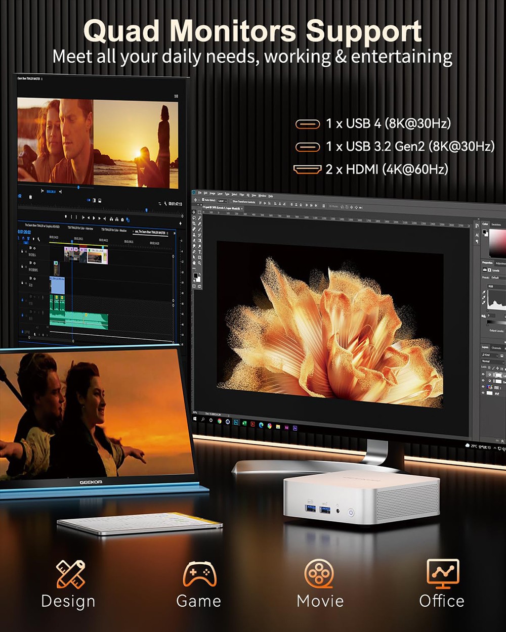 GEEKOM A7 Mini PC, AMD Ryzen 9 7940HS 8 Core Up to 5.2GHz, 32GB RAM 2TB SSD, WiFi 6E Bluetooth 5.2, 1*USB4 + 1*USB3.2 Type-C + 2*HDMI2.0 4 Screens Display, 3*USB3.2 Type-A 1*USB2.0 1*2.5G RJ45 1*SD Card Reader 1*3.5 mm Headphone Jack
