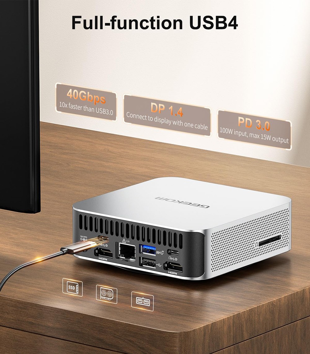 GEEKOM A7 Mini PC, AMD Ryzen 9 7940HS 8 Core Up to 5.2GHz, 32GB RAM 2TB SSD, WiFi 6E Bluetooth 5.2, 1*USB4 + 1*USB3.2 Type-C + 2*HDMI2.0 4 Screens Display, 3*USB3.2 Type-A 1*USB2.0 1*2.5G RJ45 1*SD Card Reader 1*3.5 mm Headphone Jack