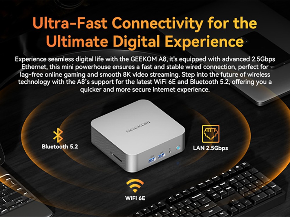 GEEKOM A8 AI Mini PC, AMD Ryzen 9 8945HS 8 Cores Max 5.2GHz, 32GB DDR5 RAM 2TB SSD, USB3.2 Type-C (8K@30Hz) + USB4.0 Type-C (8K@30Hz) + 2*HDMI2.0 (4K@60Hz) Four Screen Display, WiFi 6E Bluetooth 5.2, 3*USB3.2 1*USB2.0 1*2.5Gbps LAN 1*Headset Jack