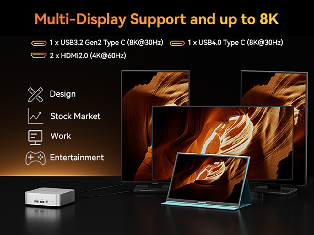 GEEKOM A8 AI Mini PC, AMD Ryzen 9 8945HS 8 Cores Max 5.2GHz, 32GB DDR5 RAM 2TB SSD, USB3.2 Type-C (8K@30Hz) + USB4.0 Type-C (8K@30Hz) + 2*HDMI2.0 (4K@60Hz) Four Screen Display, WiFi 6E Bluetooth 5.2, 3*USB3.2 1*USB2.0 1*2.5Gbps LAN 1*Headset Jack