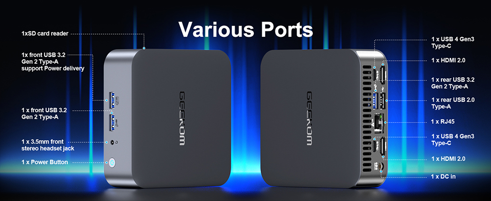 GEEKOM GT13 Pro Mini PC, Intel Core i9-13900H 14 Core Max 5.4GHz, 32GB RAM 2TB SSD, 2*USB 4 Type-C (8K@30Hz)+2*HDMI 2.0 (4K@60Hz) Four Screen Display, WiFi 6E Bluetooth 5.2, 3*USB 3.2 1*USB 2.0 1*RJ45 1*SD Card Reader 1*3.5mm Audio Jack