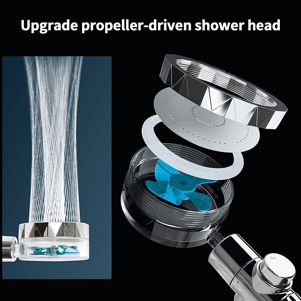 Handheld Turbocharged Shower Head with 3 Filters, High-Pressure Water Saving Home Bath Turbo Fan Shower Kit - Blue