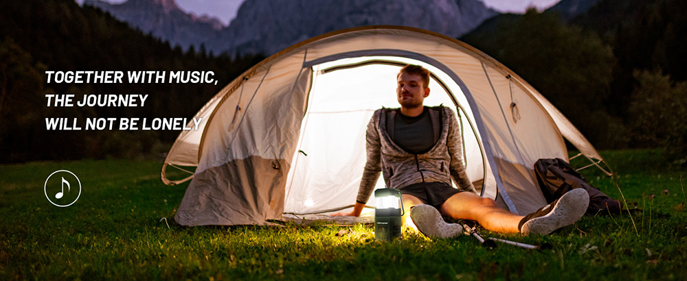 Multifunctional Portable Emergency LED Camping Lantern, Outdoor Solar Flashlight, AM FM Radio, Stereo Bluetooth Speaker, 5000mAh Power Bank, IPX5 Waterproof - Black