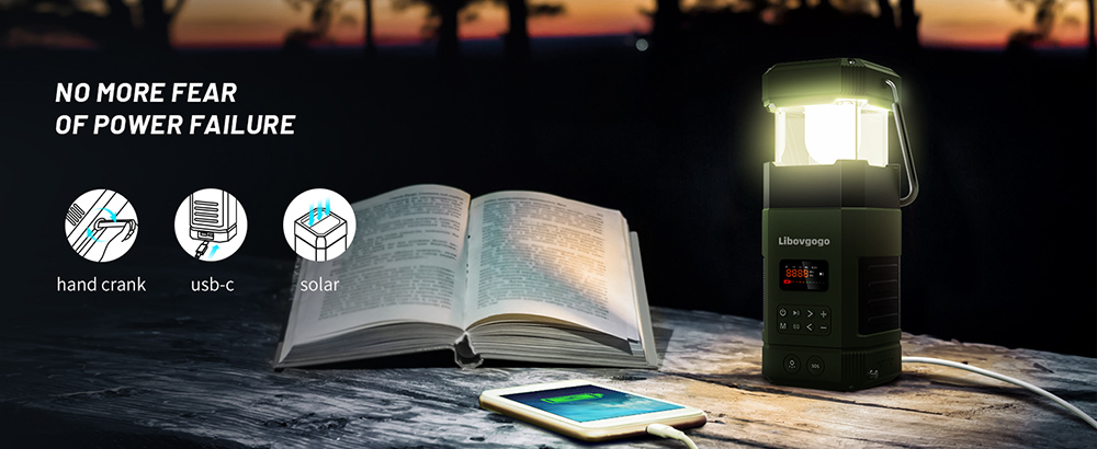 Multifunctional Portable Emergency LED Camping Lantern, Outdoor Solar Flashlight, AM FM Radio, Stereo Bluetooth Speaker, 5000mAh Power Bank, IPX5 Waterproof - Black