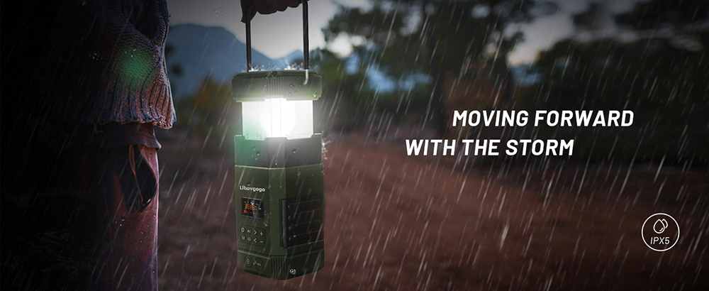 Multifunctional Portable Emergency LED Camping Lantern, Outdoor Solar Flashlight, AM FM Radio, Stereo Bluetooth Speaker, 5000mAh Power Bank, IPX5 Waterproof - Black
