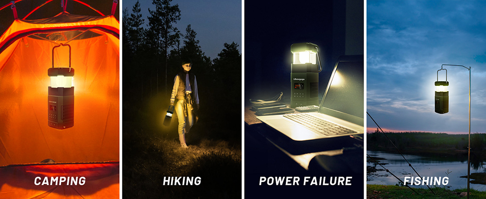 Multifunctional Portable Emergency LED Camping Lantern, Outdoor Solar Flashlight, AM FM Radio, Stereo Bluetooth Speaker, 5000mAh Power Bank, IPX5 Waterproof - Black