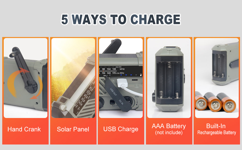 Emergency Solar Radio with Hand Crank, Portable Camping NOAA/AM/FM Weather Radio, 3 Mode Flashlight, SOS Alarm, Phone Charger