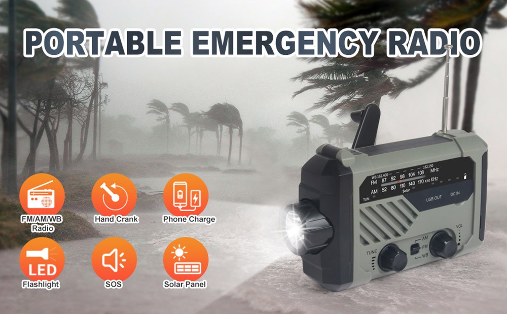 Emergency Solar Radio with Hand Crank, Portable Camping NOAA/AM/FM Weather Radio, 3 Mode Flashlight, SOS Alarm, Phone Charger