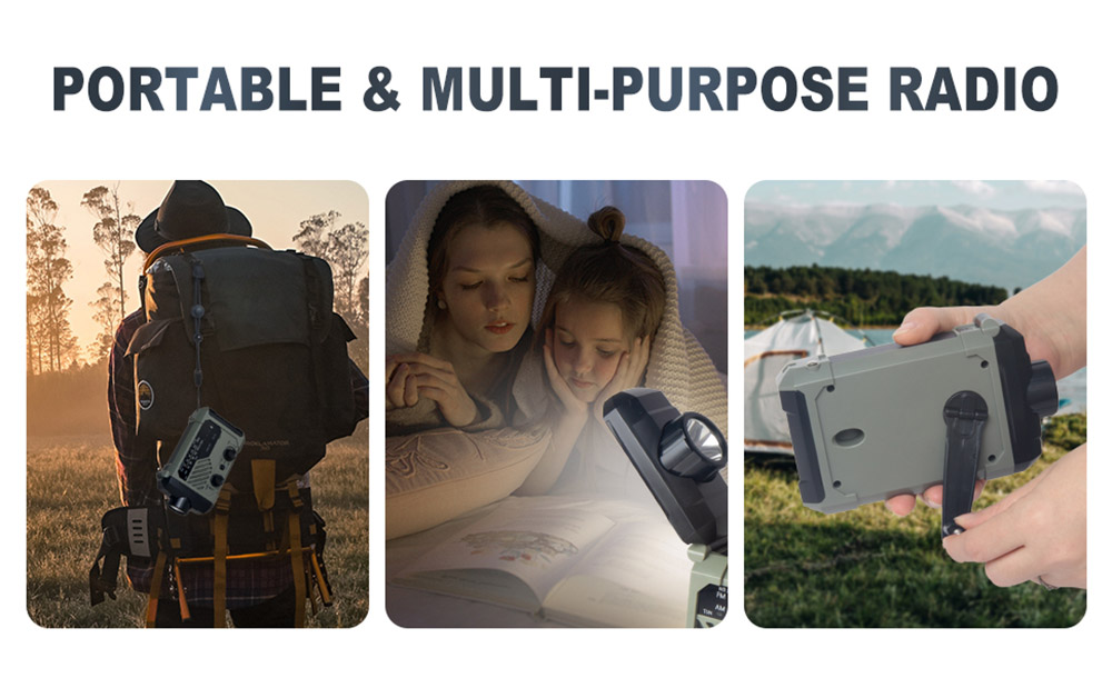 Emergency Solar Radio with Hand Crank, Portable Camping NOAA/AM/FM Weather Radio, 3 Mode Flashlight, SOS Alarm, Phone Charger