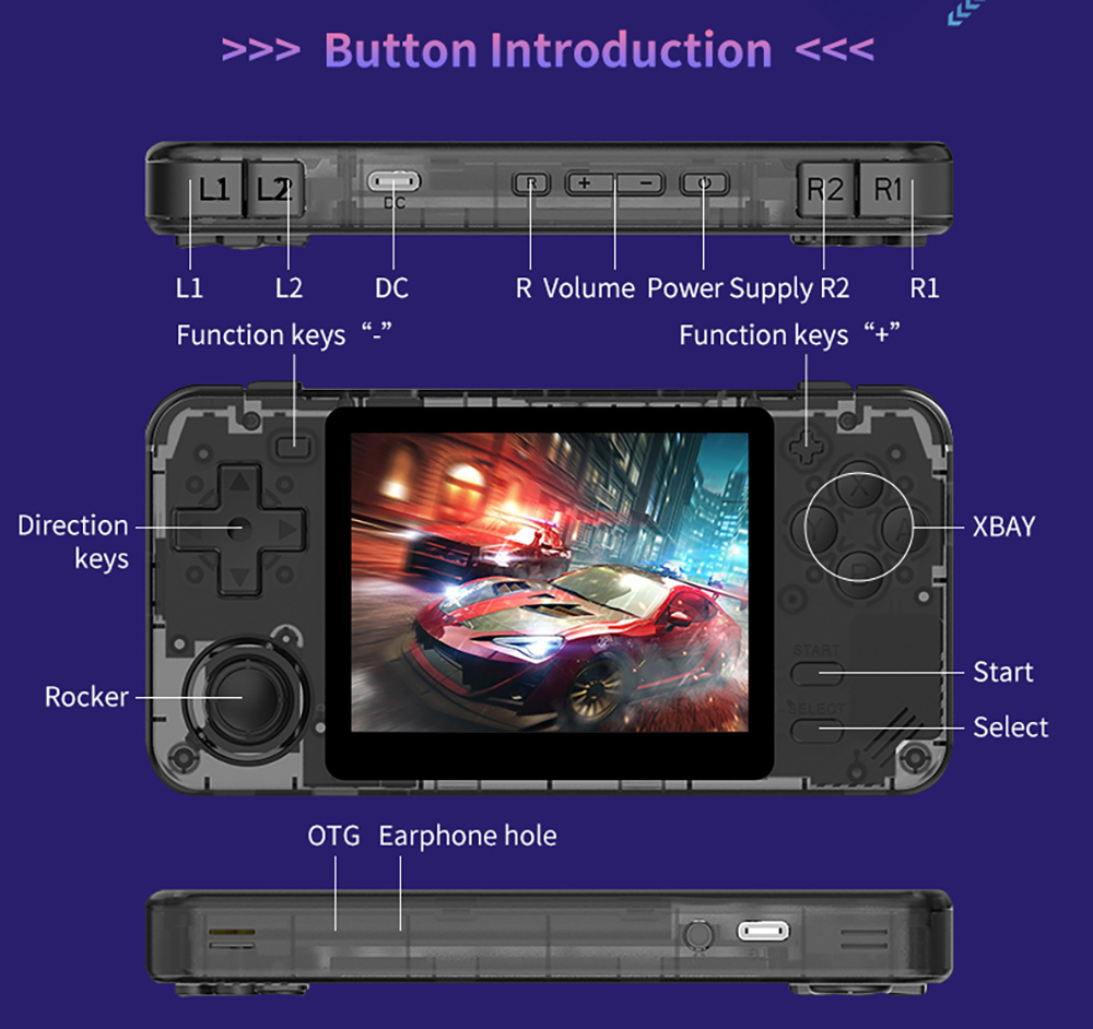 Powkiddy RGB10X Handheld Game Console, Open Source Linux, 3.5-inch 640*480 IPS Screen, 128GB TF Card, 64-bit 3D Simulators, 6 Hours Autonomy - Transparent Black