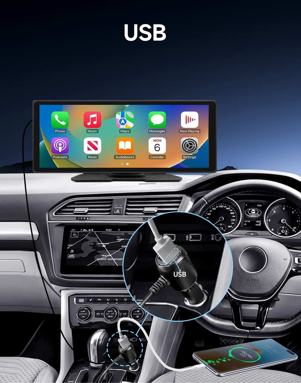 SD102601 10.26inch Wireless Carplay Screen, Android Auto, 1600*600P, Mirror Link, Bluetooth 5.0, Voice Assistant, FM & AUX Signal Transmission, Wireless CarPlay/ Android Auto, Support TF Card/USB