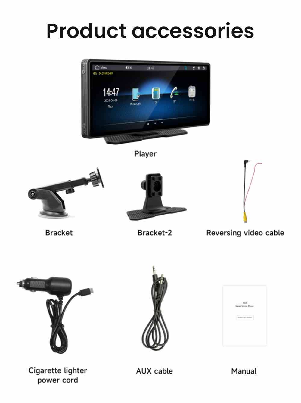 SD102601 10.26inch Wireless Carplay Screen, Android Auto, 1600*600P, Mirror Link, Bluetooth 5.0, Voice Assistant, FM & AUX Signal Transmission, Wireless CarPlay/ Android Auto, Support TF Card/USB