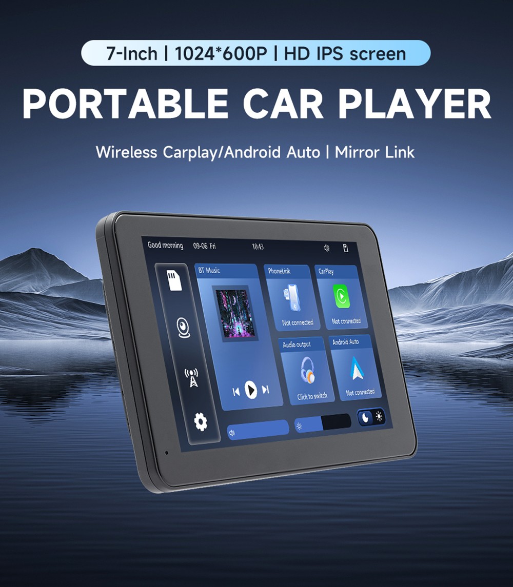 SD7138 2.5D 7inch Wireless Carplay Screen, 1024*600P, Mirror Link, Bluetooth 5.0, Voice Assistant, Android Auto, FM & AUX Signal Transmission