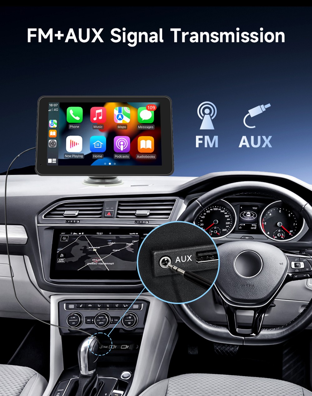 SD7138 2.5D 7inch Wireless Carplay Screen, 1024*600P, Mirror Link, Bluetooth 5.0, Voice Assistant, Android Auto, FM & AUX Signal Transmission