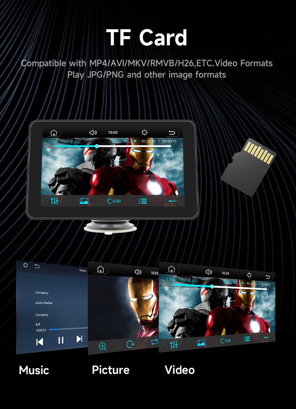 SD7138 2.5D 7inch Wireless Carplay Screen, 1024*600P, Mirror Link, Bluetooth 5.0, Voice Assistant, Android Auto, FM & AUX Signal Transmission