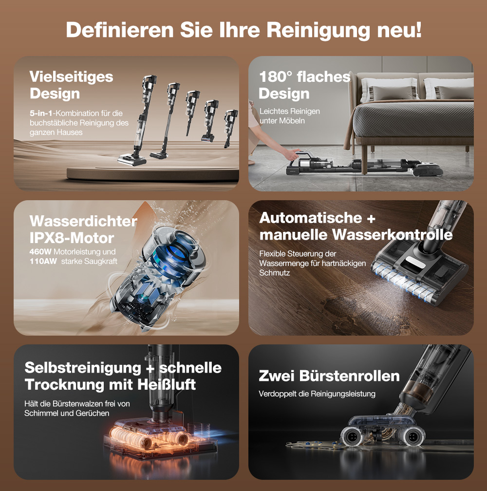 JIMMY PW11 Pro Max 5-in-1 kabelloser Staubsauger und Waschmaschine, 460 W Leistung, doppelte Reinigung mit zwei Bürstenrollen, schnelles Trocknen mit Heißluft, LED-Display, 180° flaches Design, Silber-Schwarz - EU-Stecker